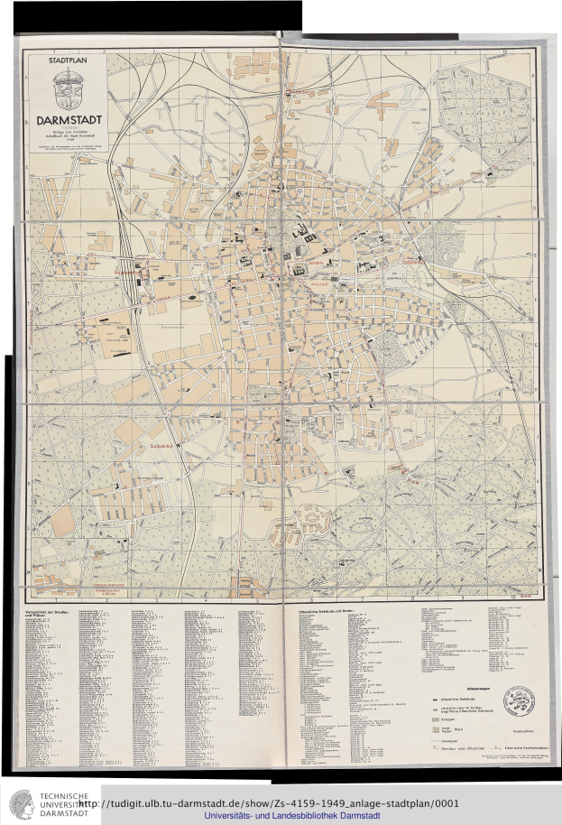 Ein detaillierter alter Stadtplan von Darmstadt, Deutschland, mit beschreibendem Text unten.