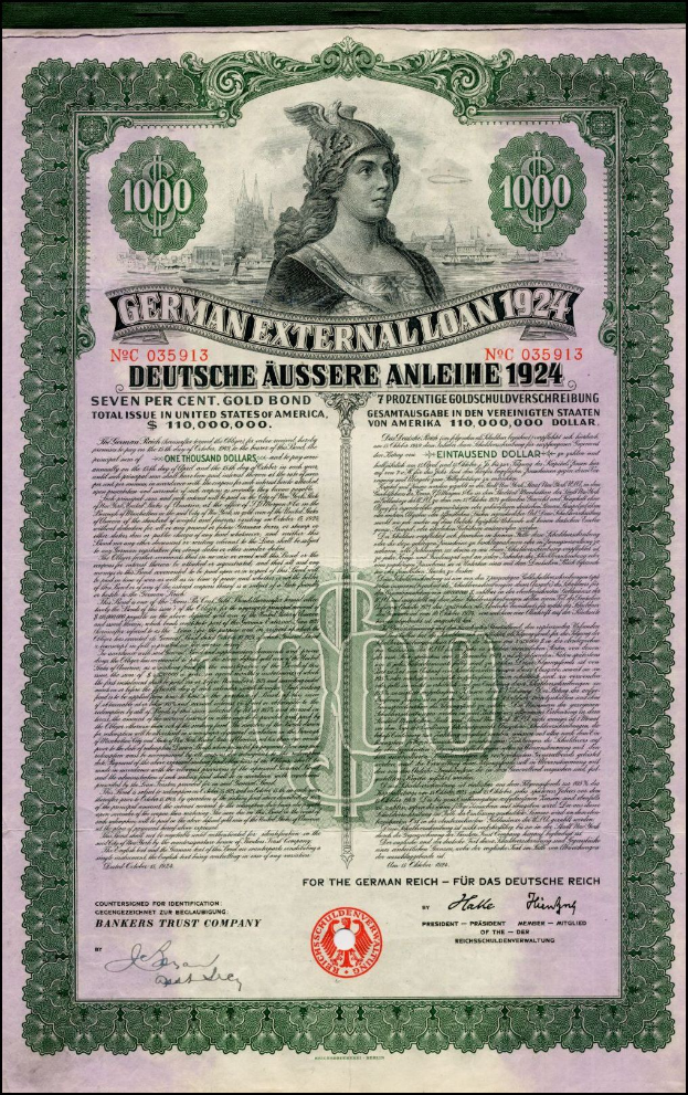 Deutsches Auslandsanleihe-Zertifikat von 1924 mit einer Frauendarstellung, bedrucktem Text und numerischer Benennung.