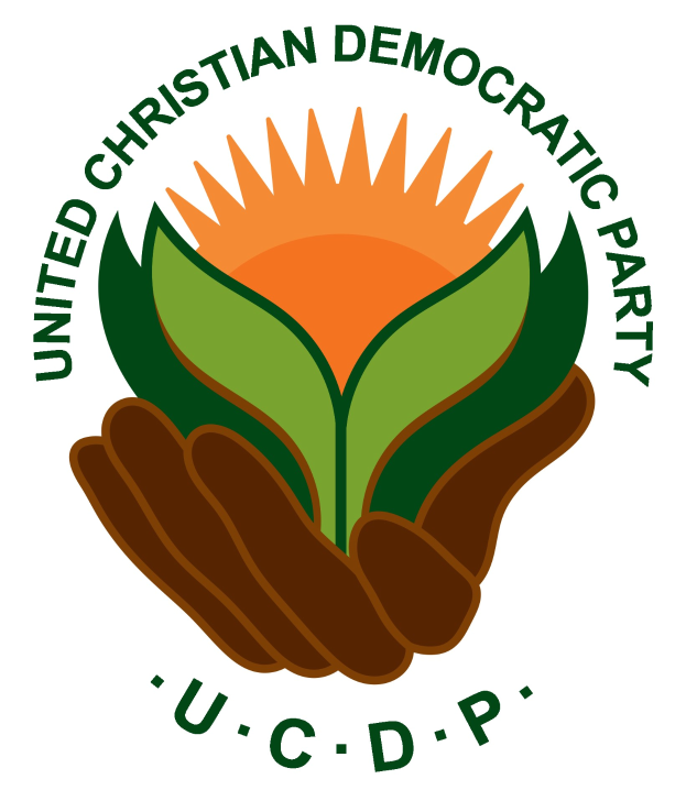 Logo der Vereinigten Christdemokraten (UCDP): eine Hand, die eine leuchtend gelbe Blume mit einem grünen Stiel und Blättern hält, in einem blauen und gelben Kreis auf einem weißen Hintergrund zentriert, mit "UCDP" in fetter schwarzer Schrift darunter.