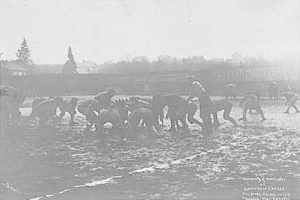 Ein Schwarz-Weiß-Foto einer Gruppe von Menschen, die auf einem Feld Fußball spielen, mit Pferden im Vordergrund und Bäumen, Gebäuden und Himmel im Hintergrund. Unten auf dem Bild steht der Text "1918-1918 Fußball an der Staatsuniversität."