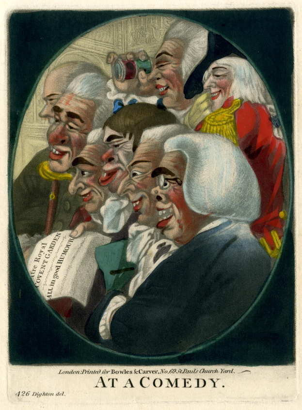 Eine Gruppe von Menschen in einem Kreis, die lachen und Spaß haben, wobei eine Person ein Blatt Papier hält und unten ein Text steht, der "Bei einer Komödie" lautet.