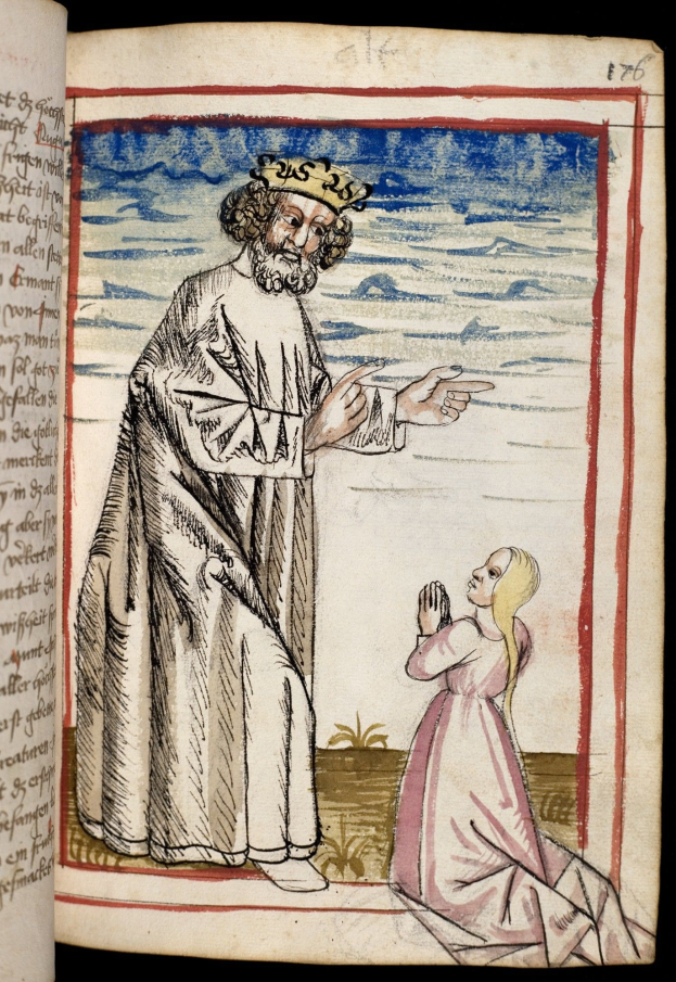 Ein aufgeschlagenes Buch mit einer Zeichnung eines gekrönten Mannes in einem langen Gewand und einer Frau mit gefalteten Händen, die nebeneinander in einer religiösen Umgebung stehen mit Text im Hintergrund.