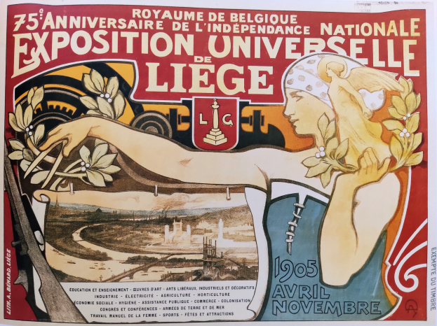 Plakat zum 75. Jubiläum der Nationalen Ausstellung Universelle de Liège mit einer Frau, die einen Blumenstrauß hält und Text auf dem Plakat.