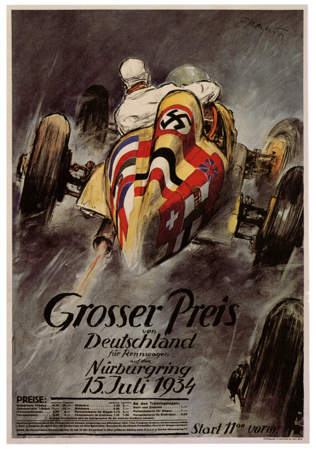 Plakat mit Rennwagen und Hakenkreuzfahne