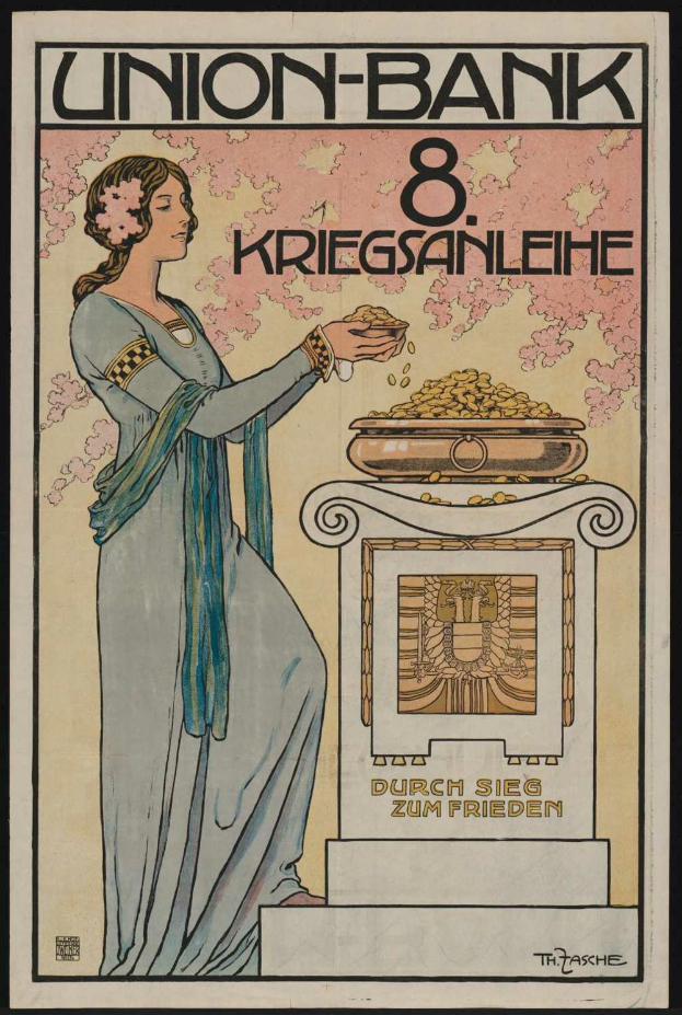 Eine Frau in einem weißen Kleid steht mit einem entschlossenen Gesichtsausdruck vor einem schwarzen Hintergrund, der den Text 'Union-Bank 8 Kriegsanleihe' trägt.