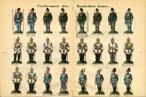 Ein Buch, das eine Vielfalt bunter deutscher Armee-Uniformen mit detaillierten Elementen wie Helmen und Gewehren zeigt.