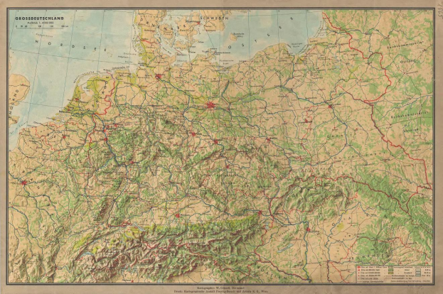 Detailiertes altes Deutschland-Karte, das Straßen, Autobahnen und geografische Merkmale mit Text oben und unten zeigt.