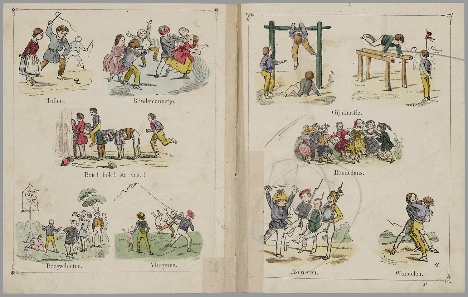 Offenes Buch mit Illustrationen von Menschen beim Sport wie Laufen, Springen und Ballspielen, jeweils mit begleitendem Text.