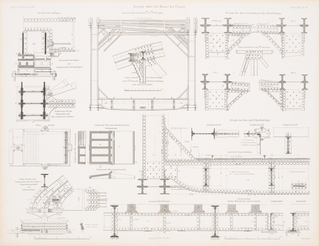 Detailed technical drawing of a railway bridge with labeled structural components, from a book page with accompanying explanatory text.