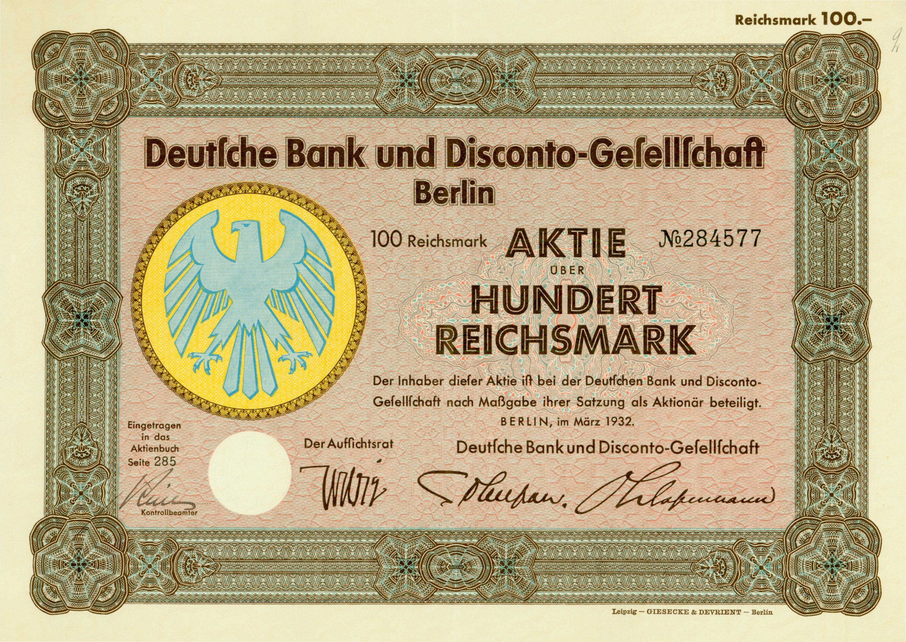Deutsche Banknote mit einer Vogeldarstellung und der Aufschrift "Deutsche Bank und Disconto-Gesellschaft Berlin".