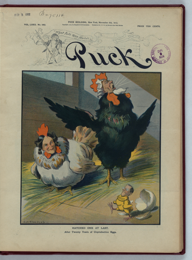 Ein altes Buch mit einem bunt illustrierten Cartoon von zwei Hühnern auf dem Cover, das auf einer weißen Oberfläche liegt und mit fetter Schrift bedruckt ist.