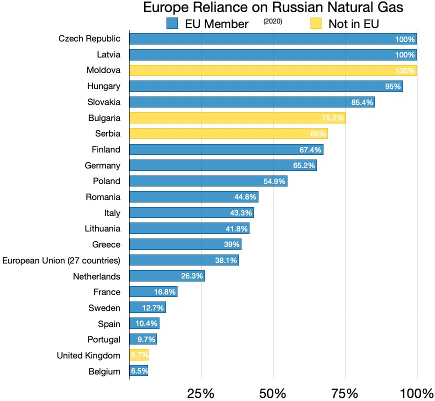 Eine Balkendiagramm, das den prozentualen Anteil von Russlands Erdgasimporten in Europa zeigt, mit Text, der die Investitionsprozentsätze angibt.