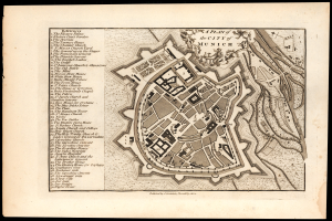 Alte Karte von München, Deutschland auf schwarzem Hintergrund, mit Straßen, Gebäuden und Sehenswürdigkeiten mit beschrifteten Text.