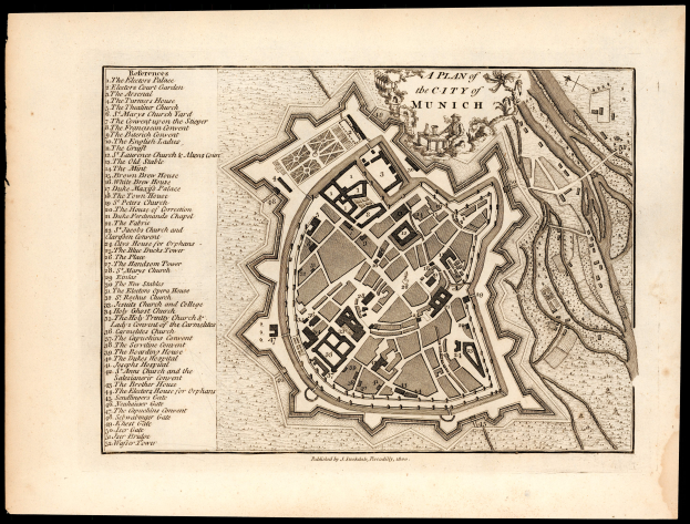Alte Karte von München, Deutschland auf schwarzem Hintergrund, mit Straßen, Gebäuden und Sehenswürdigkeiten mit beschrifteten Text.