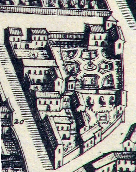 Ein detailliertes Stadtbild mit zahlreichen Gebäuden, das ein zentrales Haus umgeben von städtischen Strukturen zeigt.