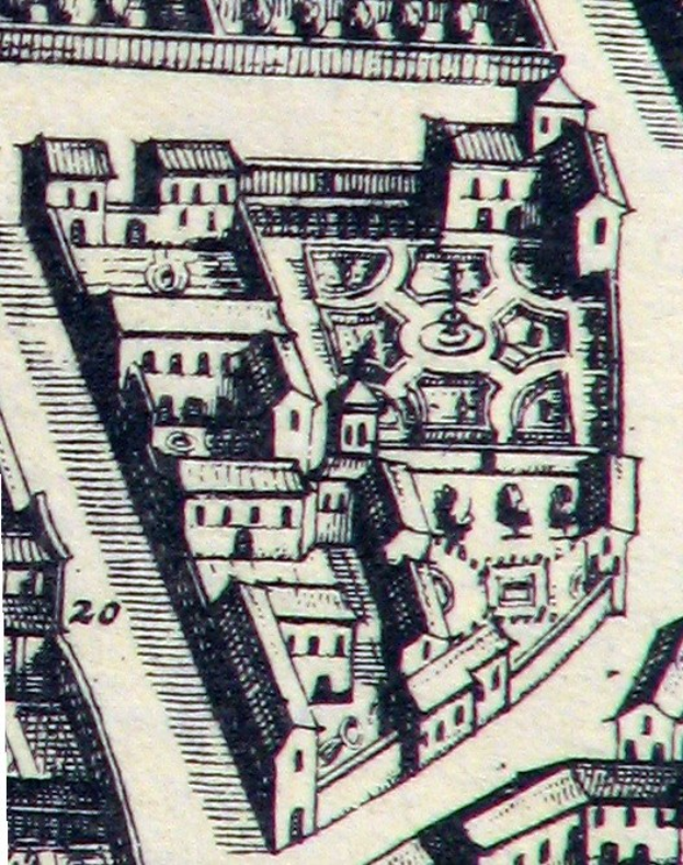 Ein detailliertes Stadtbild mit zahlreichen Gebäuden, das ein zentrales Haus umgeben von städtischen Strukturen zeigt.