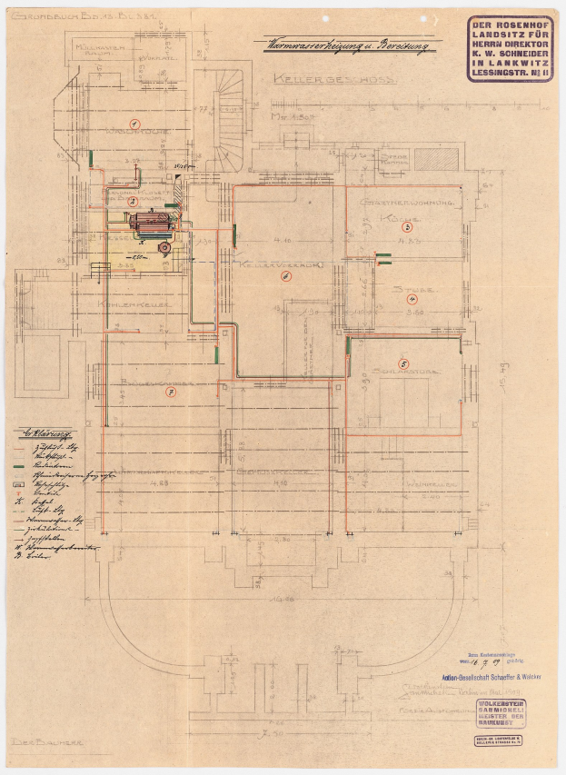 Architektonischer Entwurf des Rosenhof-Krankenhauses in Hamburg, Deutschland, mit detaillierter Planung mit zahlreichen Kabeln und beschrifteten Räumen, Fluren und Merkmalen auf altem Papier.