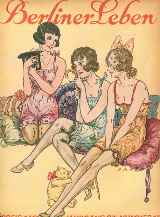 Ein Plakat mit drei Frauen auf einem Sofa, wobei eine ein Objekt hält, und Text oben und unten mit der Aufschrift "Berliner Leben - April 1927".