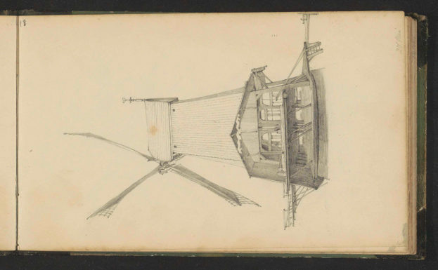 Ein aufgeschlagenes Buch mit einer detaillierten Zeichnung einer Windmühle mit rotierenden Blättern und Segeln sowie begleitendem Text über die Windmühle.