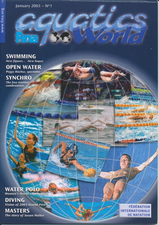 Titelbild der Januarausgabe 2003 des Aquatics FINA World Magazins mit Synchronschwimmerinnen in Bewegung unter einem hellblauen Himmel.