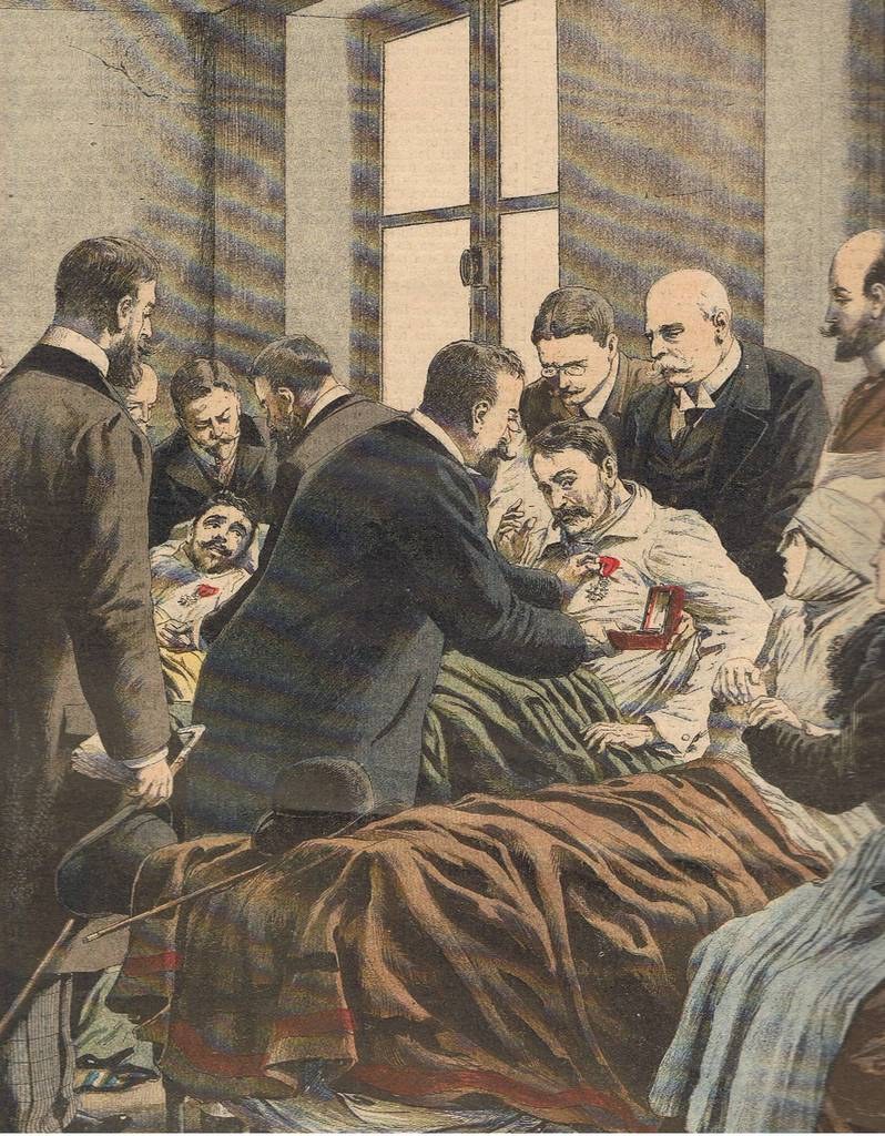 Eine Gruppe von Menschen umgibt einen Mann, der auf einem Bett in einem Raum mit einem Fenster liegt, mit dem Text "KUNSTLER'S Tod in Paris" unten; der Mann, wahrscheinlich ein Arzt in einem weißen Kittel und Stethoskop, ist der Mittelpunkt der Szene.