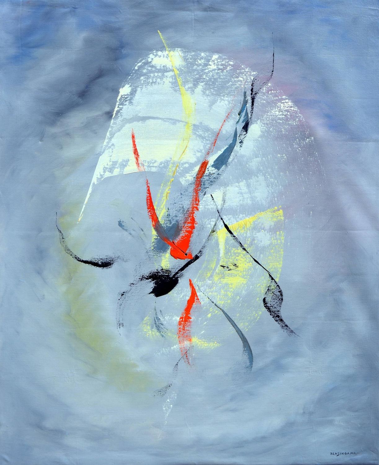 Abstrakte Malerei mit blauem Hintergrund, roten und gelben Akzenten, erstellt mit Acryl auf Leinwand in Grautönen.