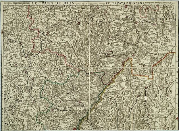Alte Karte der Rhineland-Pfalz-Region Frankreichs, mit dem Rheinfluss sichtbar, auf Papier mit Text oben und unten gedruckt.