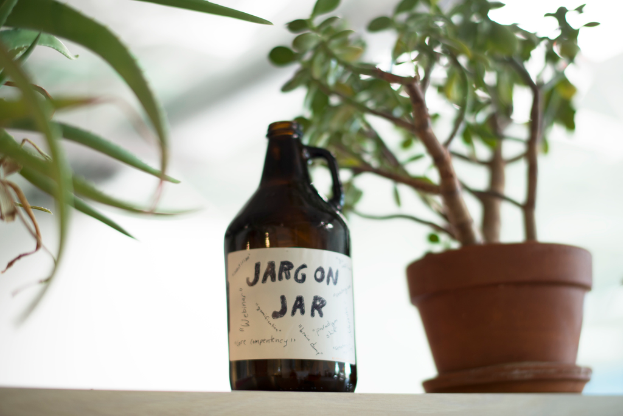 Eine Flasche und eine Pflanze werden nebeneinander gestellt.