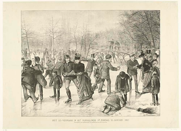 Eine Gruppe von Menschen, die auf einer Eisbahn in einem Park Schlittschuh laufen, mit Bäumen und einer Brücke im Hintergrund und Text unten, der 'Het us-vermaak in het vondelpark op zondag 10 januari 1887' lautet.