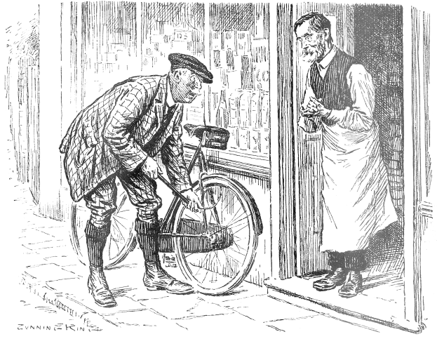 Ein älterer Mann mit einer Mötte steht vor einem Laden mit einer Tür, verschiedenen Gegenständen im Hintergrund und Text unten.