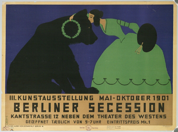 Plakat für die Berliner Secession mit einer Frau in einem grünen Kleid und einem Mann in einem schwarzen Anzug mit Textbeschreibung
