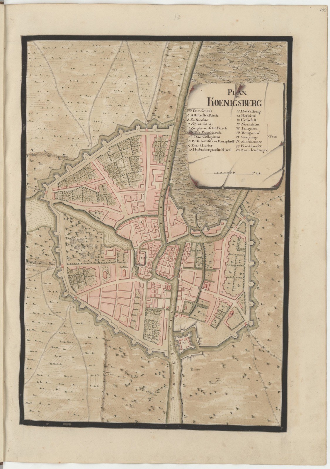 Ein detaillierter alter Stadtplan von Hohensberg, Deutschland, in einem alten Buch angezeigt, der Straßen, Gebäude und Sehenswürdigkeiten mit zusätzlichem Text über die Stadt zeigt.