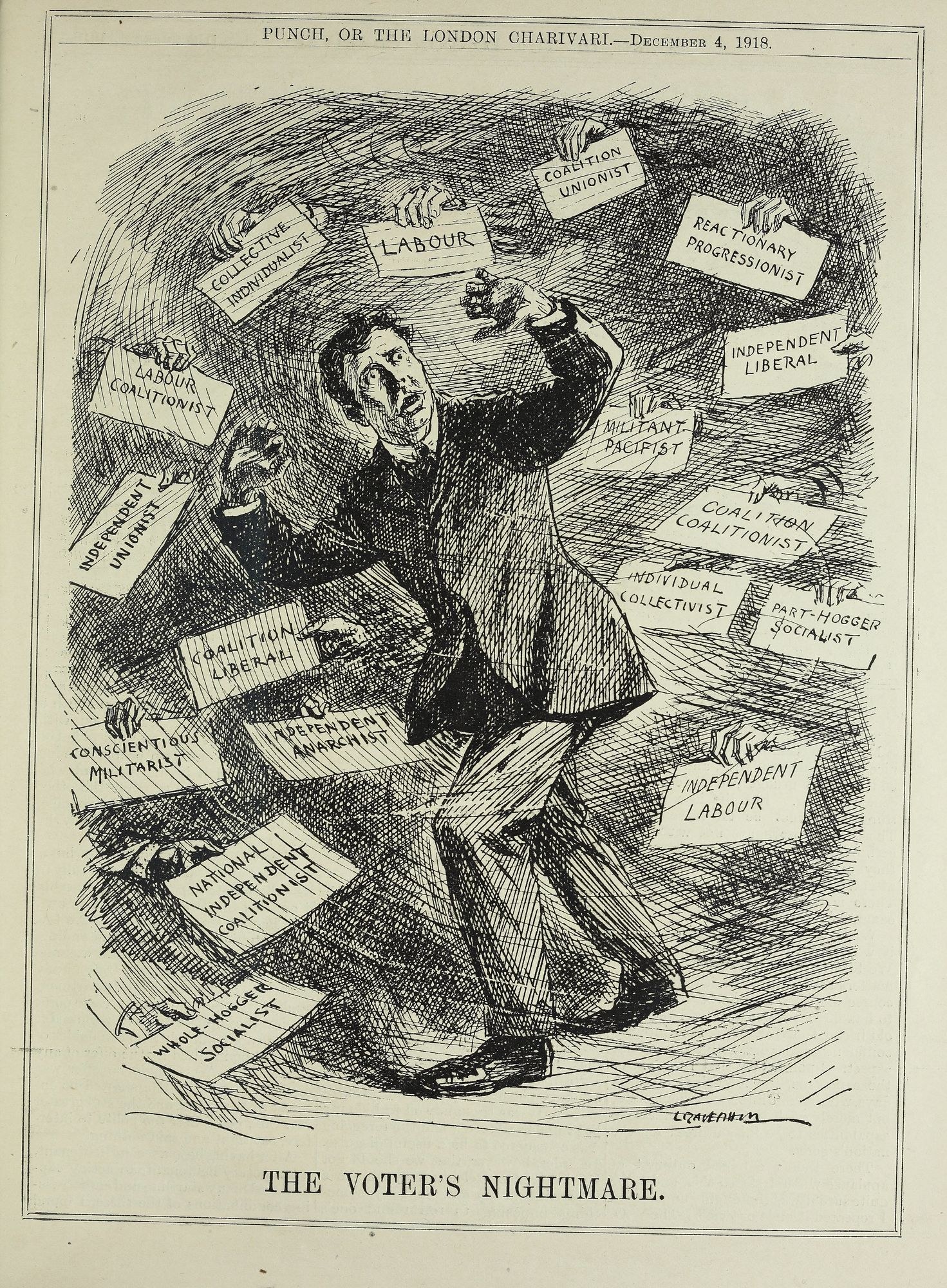 Ein Blatt mit einer Zeichnung eines Mannes in Anzug, der ein Schild mit der Aufschrift "Der Albtraum des Wählers" hält.