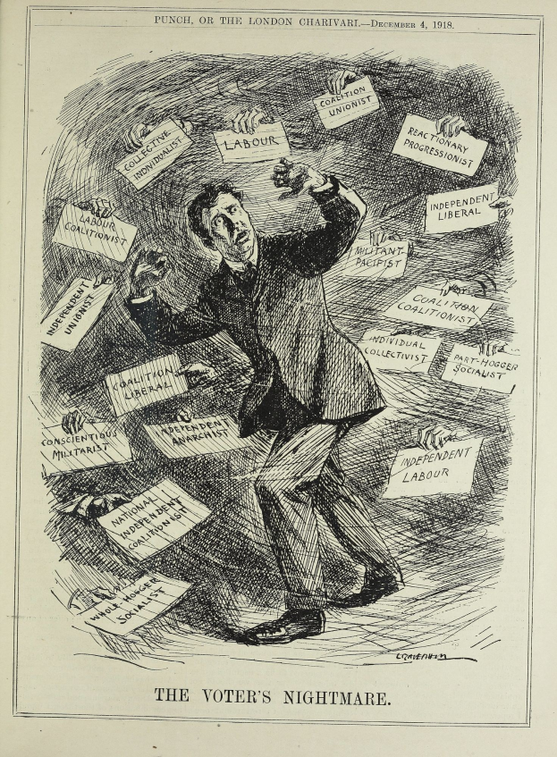 Ein Blatt mit einer Zeichnung eines Mannes in Anzug, der ein Schild mit der Aufschrift "Der Albtraum des Wählers" hält.