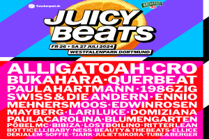Ein lebendiger Plakat mit "Juicy Beats Festival" in fetter schwarzer Schrift auf einem hellgelben Hintergrund, das Bilder eines Mikrofons, eines Plattenspielers und eines Mikrofonständers zeigt, umgeben von einem schwarzen Rand.