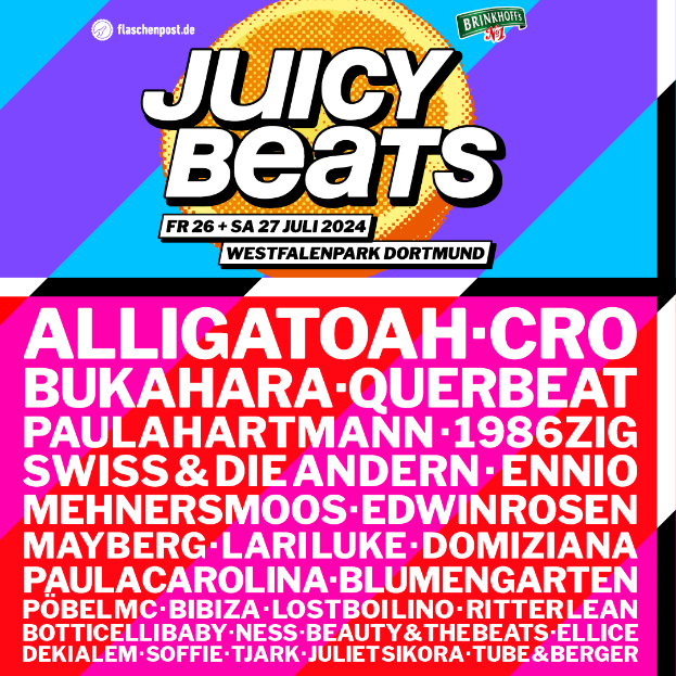 Ein lebendiger Plakat mit "Juicy Beats Festival" in fetter schwarzer Schrift auf einem hellgelben Hintergrund, das Bilder eines Mikrofons, eines Plattenspielers und eines Mikrofonständers zeigt, umgeben von einem schwarzen Rand.
