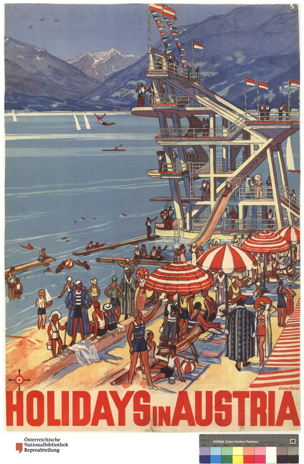 Urlaubsplakat, das Österreich mit Menschen am Strand, Schirmen, einem Schiff, winkenden Flaggen, Bergen und Text zeigt.