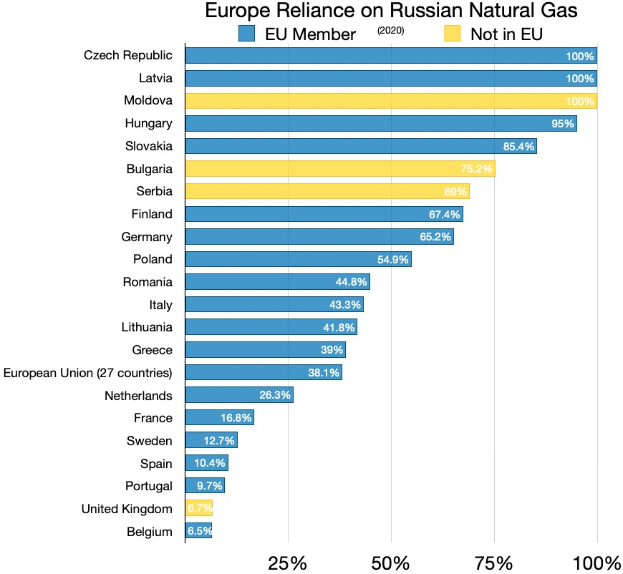Eine Säulendiagramm, das die Abhängigkeit Europas von russischem Erdgas zeigt, mit Prozentangaben und Texten, die die Investitionsniveaus angeben.