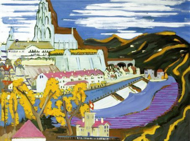 Ein Gemälde namens 'Köln' von KÜNSTLER, das eine Stadtansicht mit einer Kirche im Hintergrund zeigt, umgeben von Bäumen, Häusern, Hügeln und einem bewölkten Himmel.