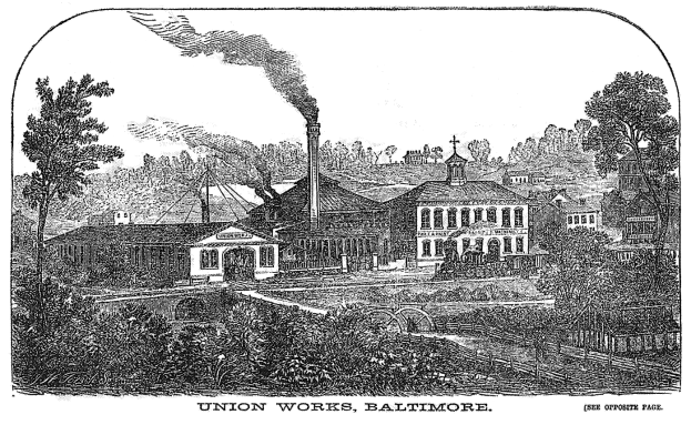 Eine Schwarz-Weiß-Zeichnung der Union Works in Baltimore, Maryland, mit ein paar Gebäuden, Bäumen und Rauch im Hintergrund und Text unten.