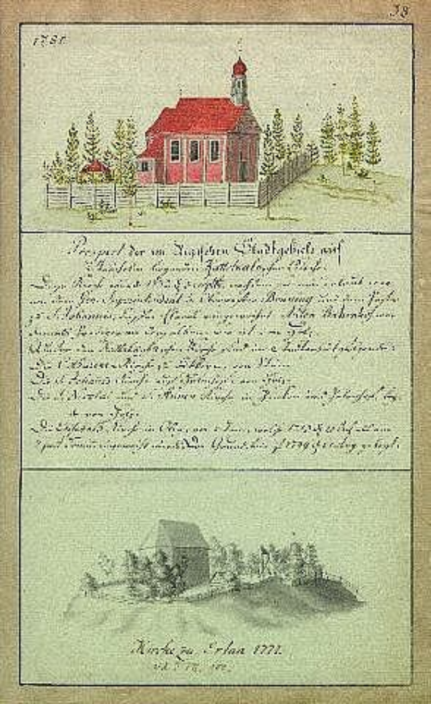 Ein altes Buch mit einer Illustration eines roten Hauses in der Mitte, umgeben von Bäumen und einem Zaun, betitelt mit "Deutsche Schule in den Niederlanden, 1777".