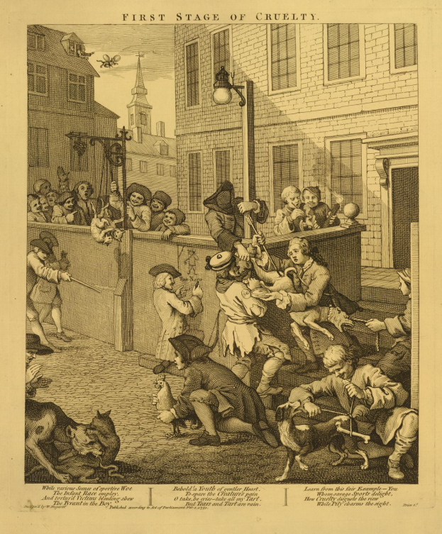 Eine Zeichnung von Menschen und Tieren vor einem Gebäude mit Fenstern und einer Straßenlaterne, mit dem Text "Erste Stufe der Grausamkeit" unten.