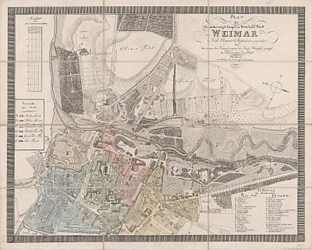 Alte detaillierte Karte von Weimar, Deutschland, die Straßen, Gebäude und Sehenswürdigkeiten zeigt.