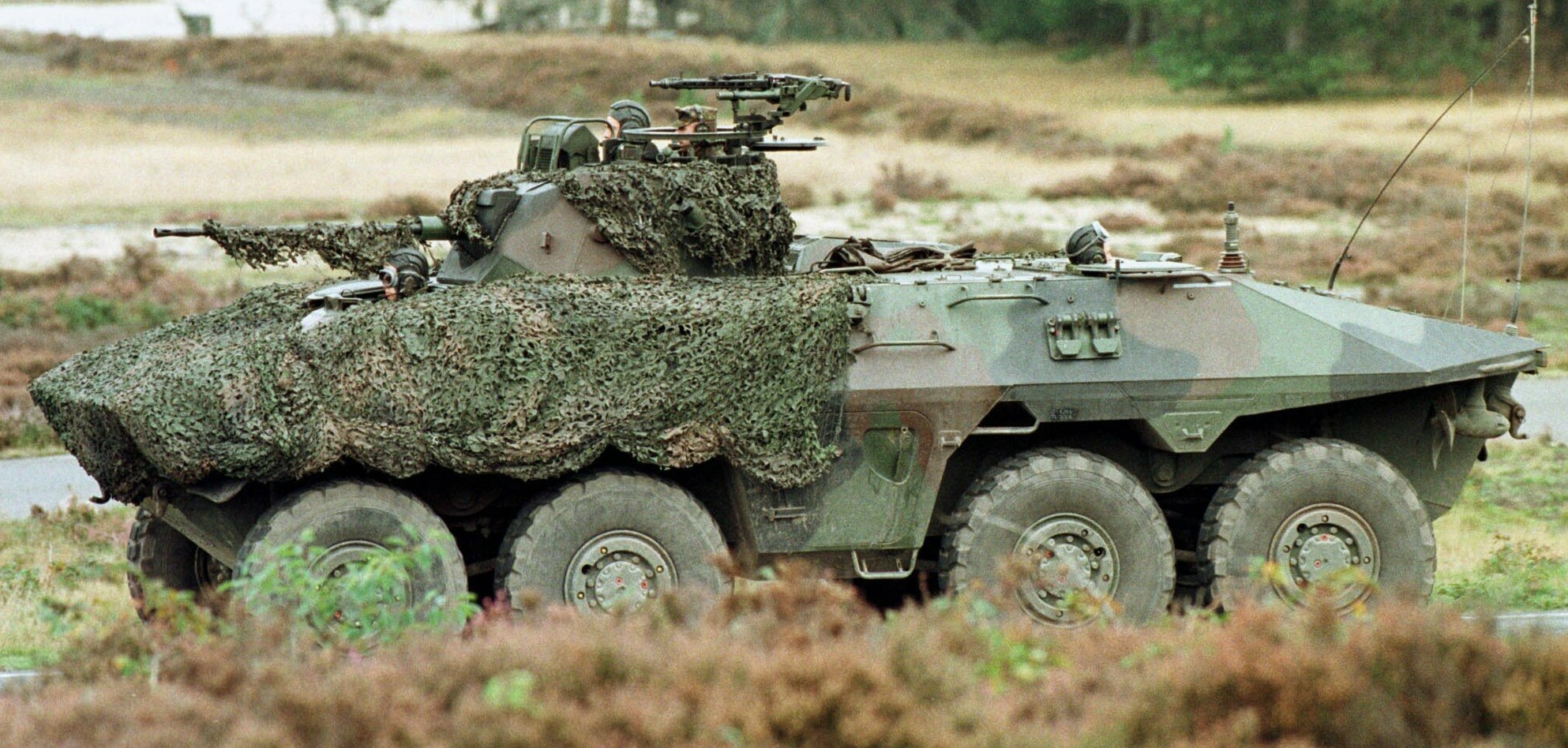 Militärischer Personentransporter mit montierter großer Waffe, der auf einer Straße neben einem Wald fährt.