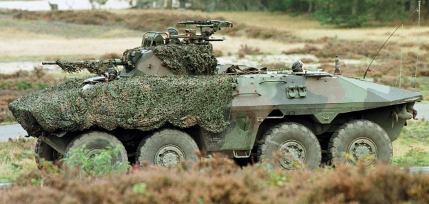 Militärischer Personentransporter mit montierter großer Waffe, der auf einer Straße neben einem Wald fährt.