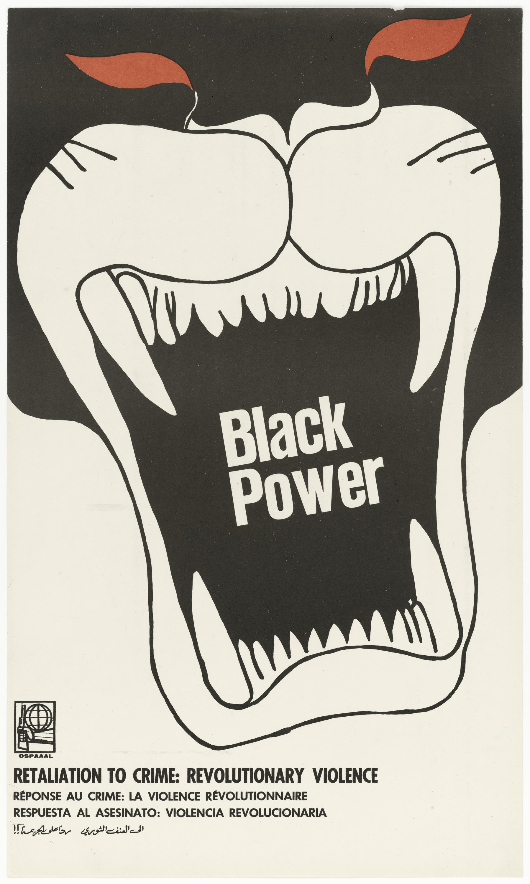 Ein Plakat mit einem schwarzen Power-Logo, einem schwarzen Kreis mit weißem Rand und einem weißen Buchstaben "P" in der Mitte und fetter Schrift, die "Rache für Verbrechen, revolutionäre Gewalt" lautet, in der Mitte platziert und zur Aktion gegen rassistische Ungerechtigkeit und Gewalt aufrufend.