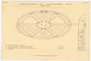 Ein detaillierter Entwurf der Reichshauptbank in Berlin, Deutschland, ein rundes Gebäude mit zahlreichen Fenstern, begleitet von Text und einem Layout-Plan.