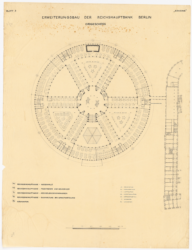 Ein detaillierter Entwurf der Reichshauptbank in Berlin, Deutschland, ein rundes Gebäude mit zahlreichen Fenstern, begleitet von Text und einem Layout-Plan.