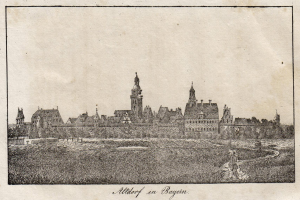 Eine Zeichnung einer Stadt mit einem zentralen Uhrenturm, umgeben von Gebäuden, Bäumen und Gras, mit der Aufschrift "Alterhof in Bayern" unten.