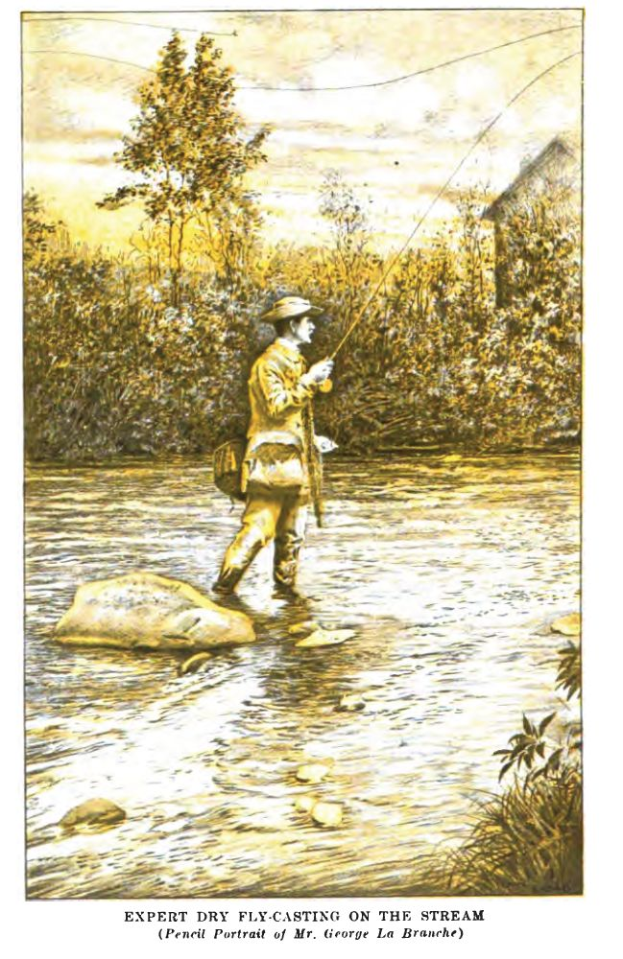 Ein Mann steht in einem Bach und hält eine Angelrute in der Hand, umgeben von Felsen, Pflanzen, Bäumen und einem Haus, mit einer bewölkten Himmel und einem Text am unteren Rand, der "Experte Trockenfliegenangeln am Bach" lautet.